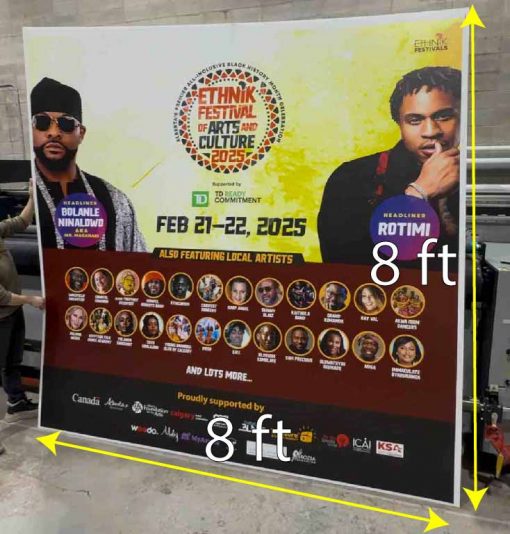 8x8 ft printed event backdrop with bold “8 x 8 ft” label, lightweight and budget-friendly coroplast display for one-time use.